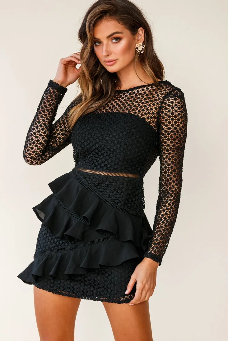 Aramis Long Sleeve Lace & Ruffle Detail Dress Black