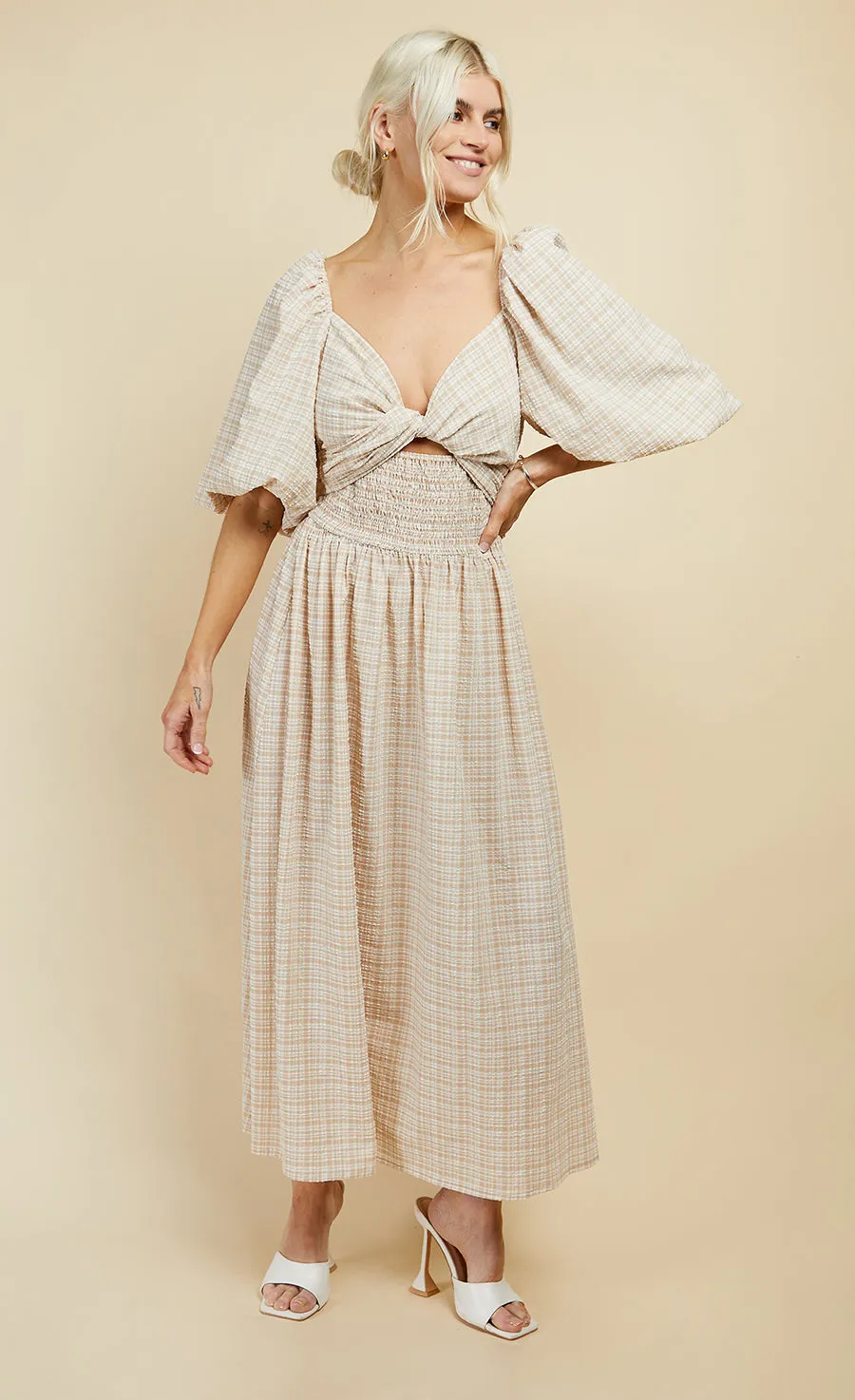 Beige Check Multiway Midi Dress