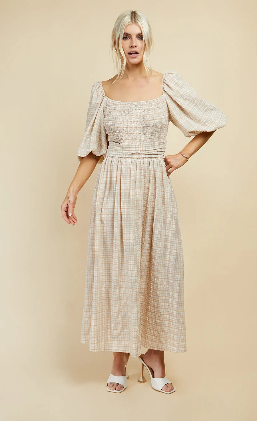 Beige Check Multiway Midi Dress