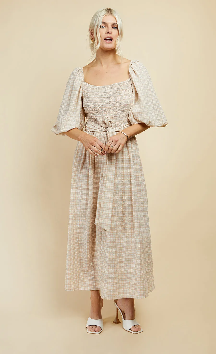 Beige Check Multiway Midi Dress