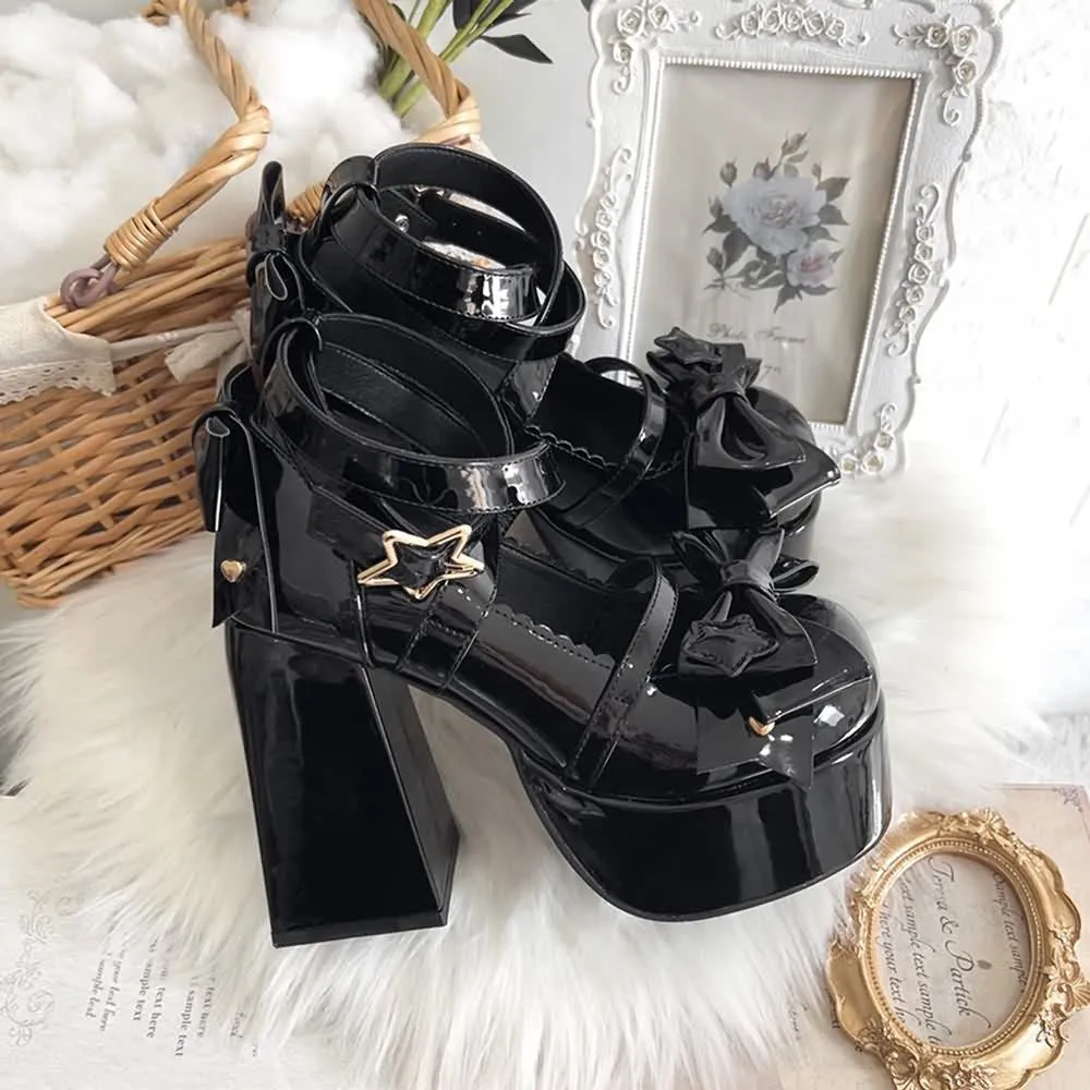 Black Kawaii Lolita Bow Star Chunky Platform High Block Heels