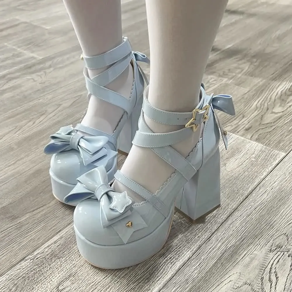 Blue Kawaii Lolita Bow Star Chunky Platform High Block Heels