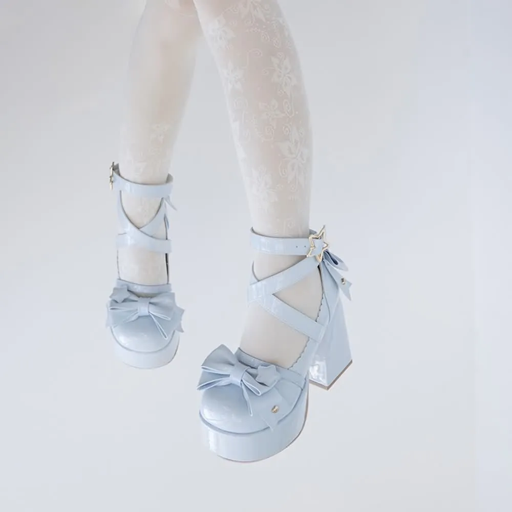 Blue Kawaii Lolita Bow Star Chunky Platform High Block Heels