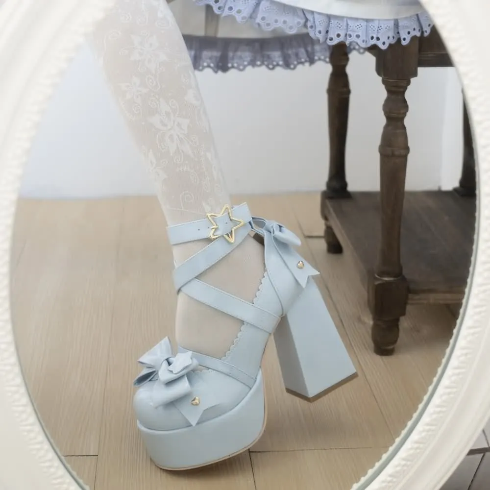 Blue Kawaii Lolita Bow Star Chunky Platform High Block Heels