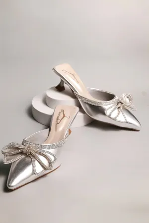 Brauch Silver Embellished Rhinestone Bow Kitten Heel Mules