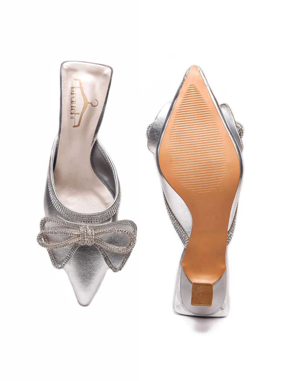 Brauch Silver Embellished Rhinestone Bow Kitten Heel Mules