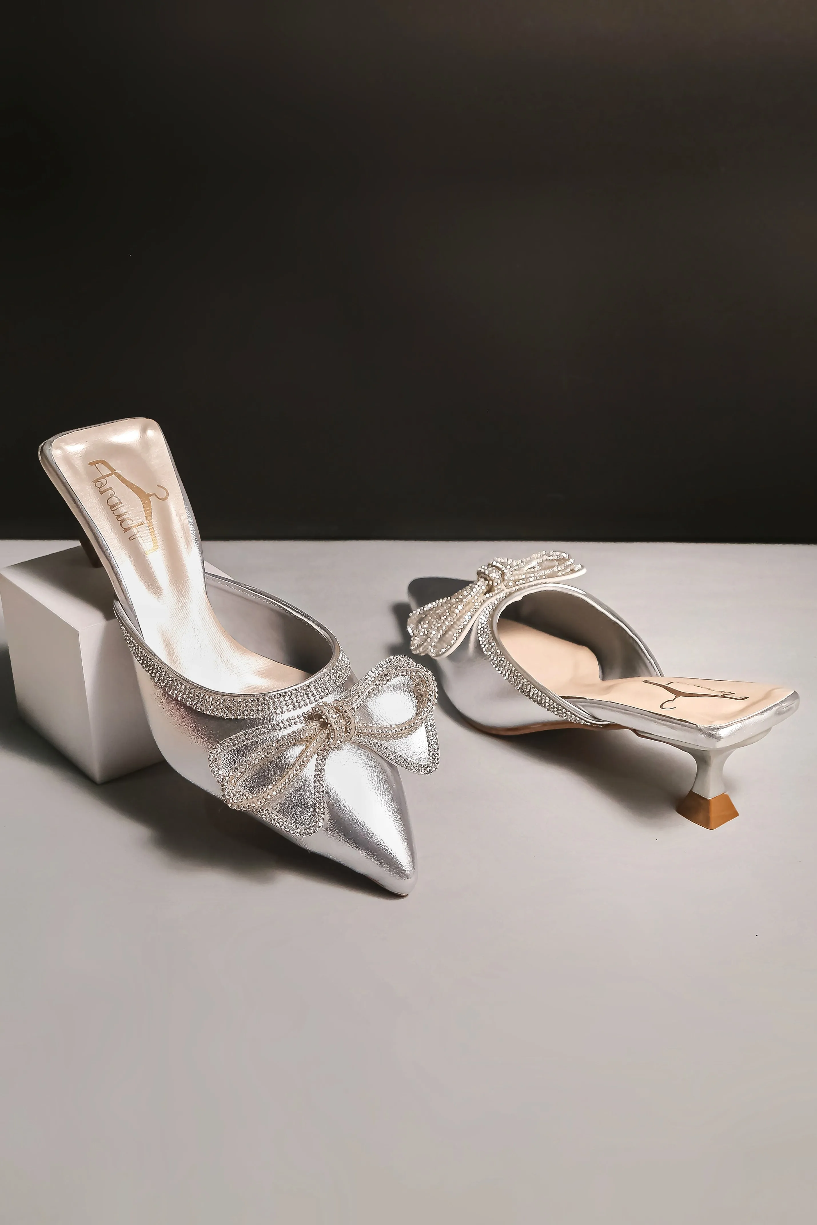 Brauch Silver Embellished Rhinestone Bow Kitten Heel Mules