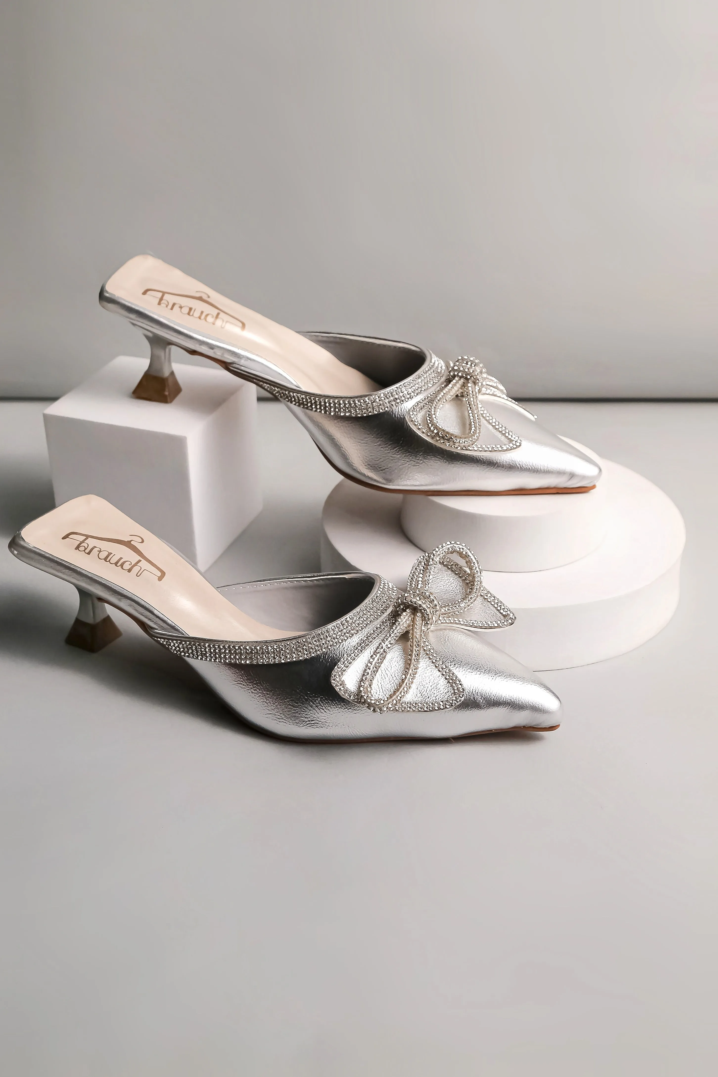 Brauch Silver Embellished Rhinestone Bow Kitten Heel Mules