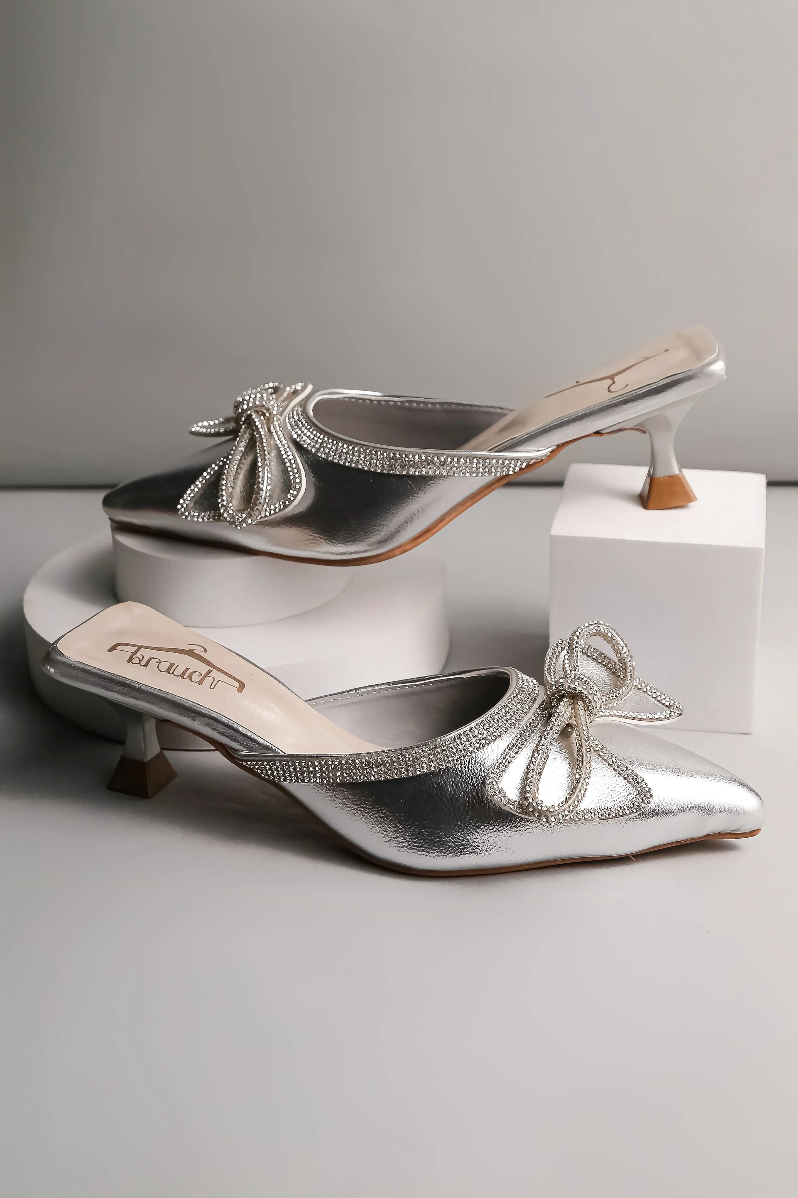 Brauch Silver Embellished Rhinestone Bow Kitten Heel Mules
