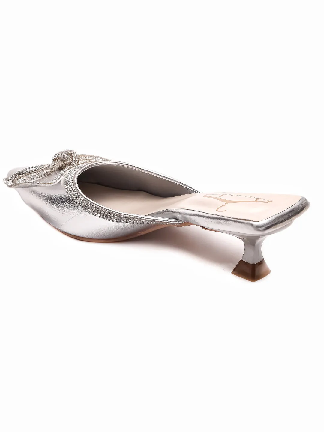 Brauch Silver Embellished Rhinestone Bow Kitten Heel Mules