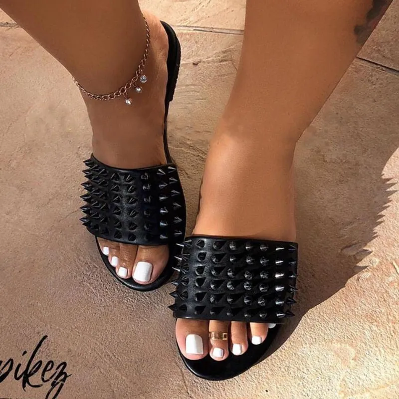 Candy Color Leather Flat Rivet Slippers