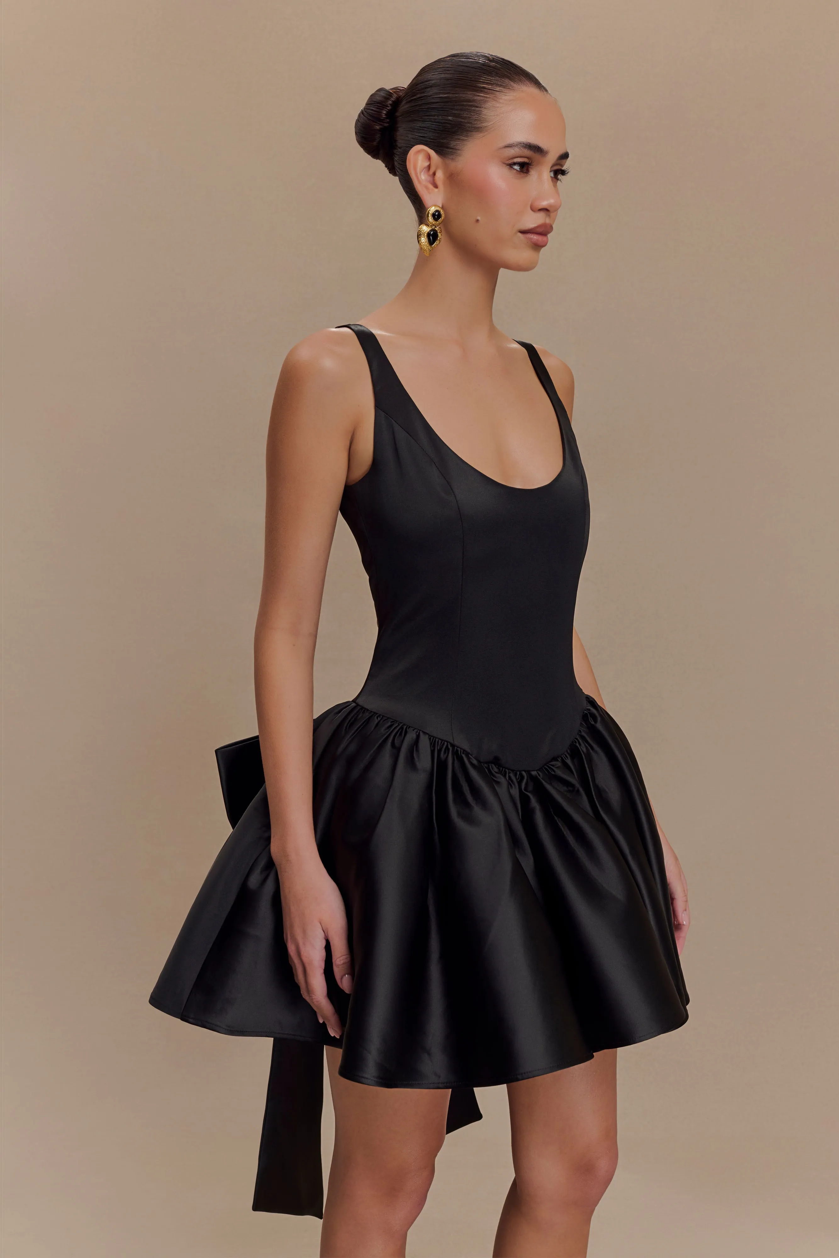 Felicia Satin Mini Dress With Bow - Black