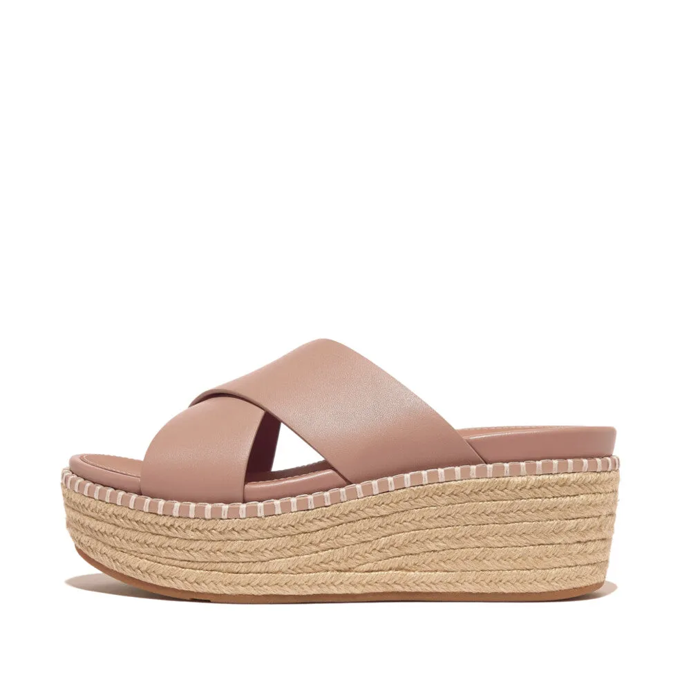 Fitflop Eloise Espadrille Leather Wedge Cross Slide Beige Buff