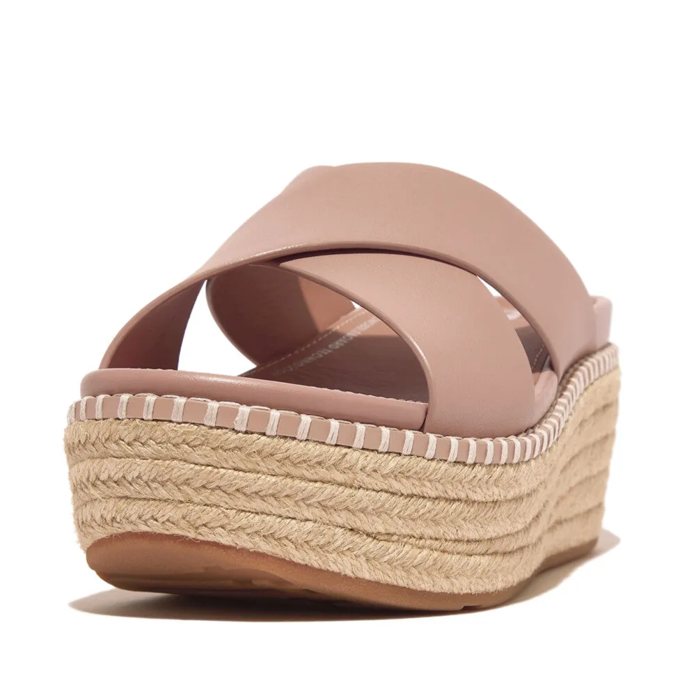 Fitflop Eloise Espadrille Leather Wedge Cross Slide Beige Buff