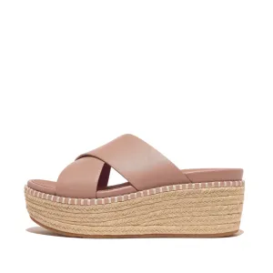 Fitflop Eloise Espadrille Leather Wedge Cross Slide Beige Buff