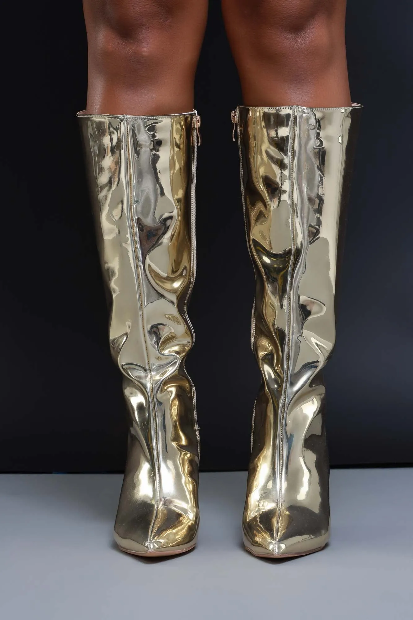For The Night Shiny Faux Leather Boots - Gold