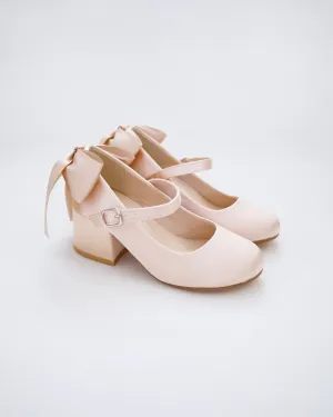 Girls Satin Mary Jane Block Heel with Back Satin Bow