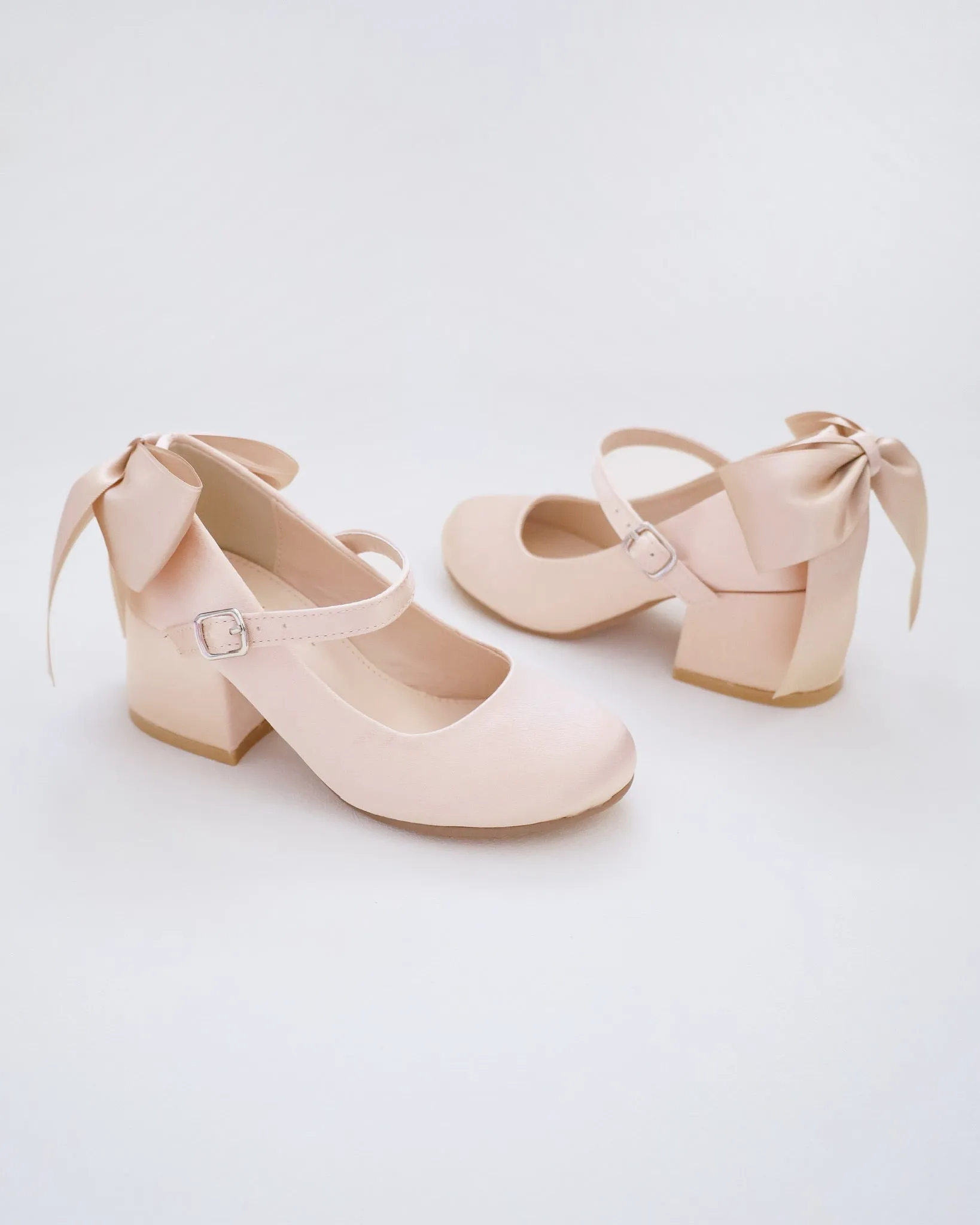 Girls Satin Mary Jane Block Heel with Back Satin Bow