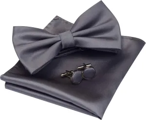 GUSLESON Mens Solid Color Double Fold Pre-tied Bow Tie and Pocket Square Cufflink Set with Gift Box