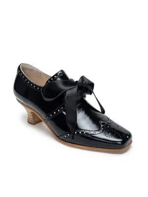 Handmade 1930s Vintage-Inspired Patent Leather Lace-Up Brogues - Retro Low Heel Oxford Shoes