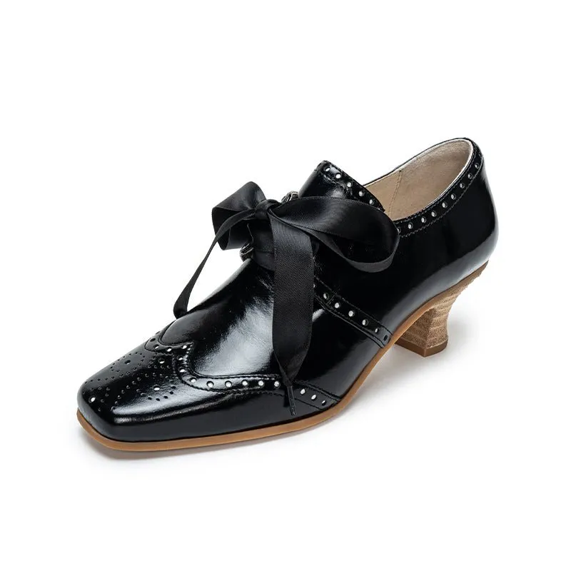 Handmade 1930s Vintage-Inspired Patent Leather Lace-Up Brogues - Retro Low Heel Oxford Shoes