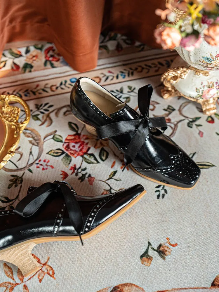 Handmade 1930s Vintage-Inspired Patent Leather Lace-Up Brogues - Retro Low Heel Oxford Shoes