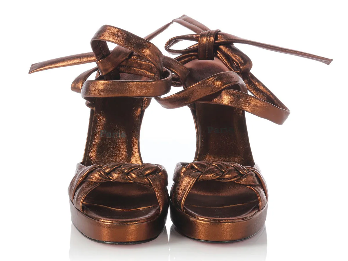 Louboutin Bronze Leather Ankle Wrap Braided Sandals