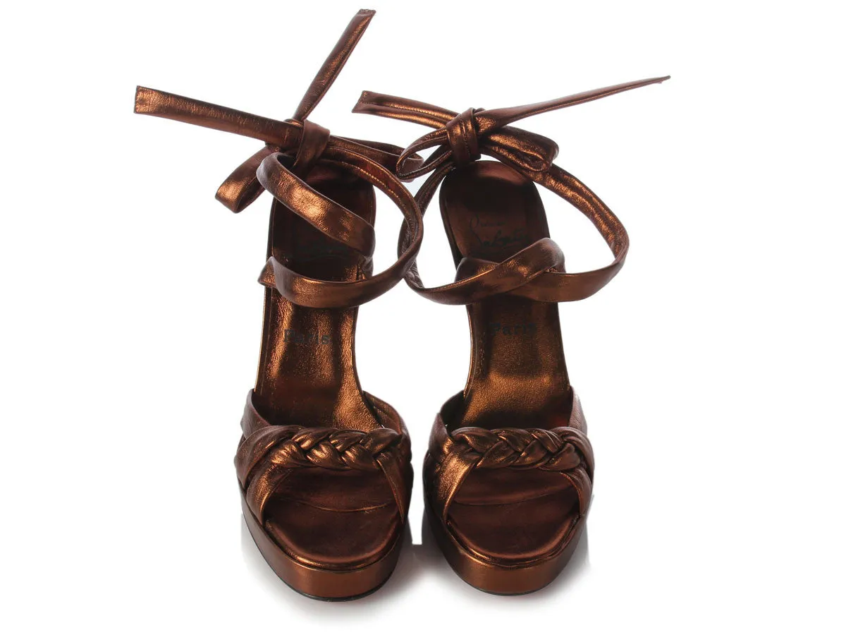 Louboutin Bronze Leather Ankle Wrap Braided Sandals