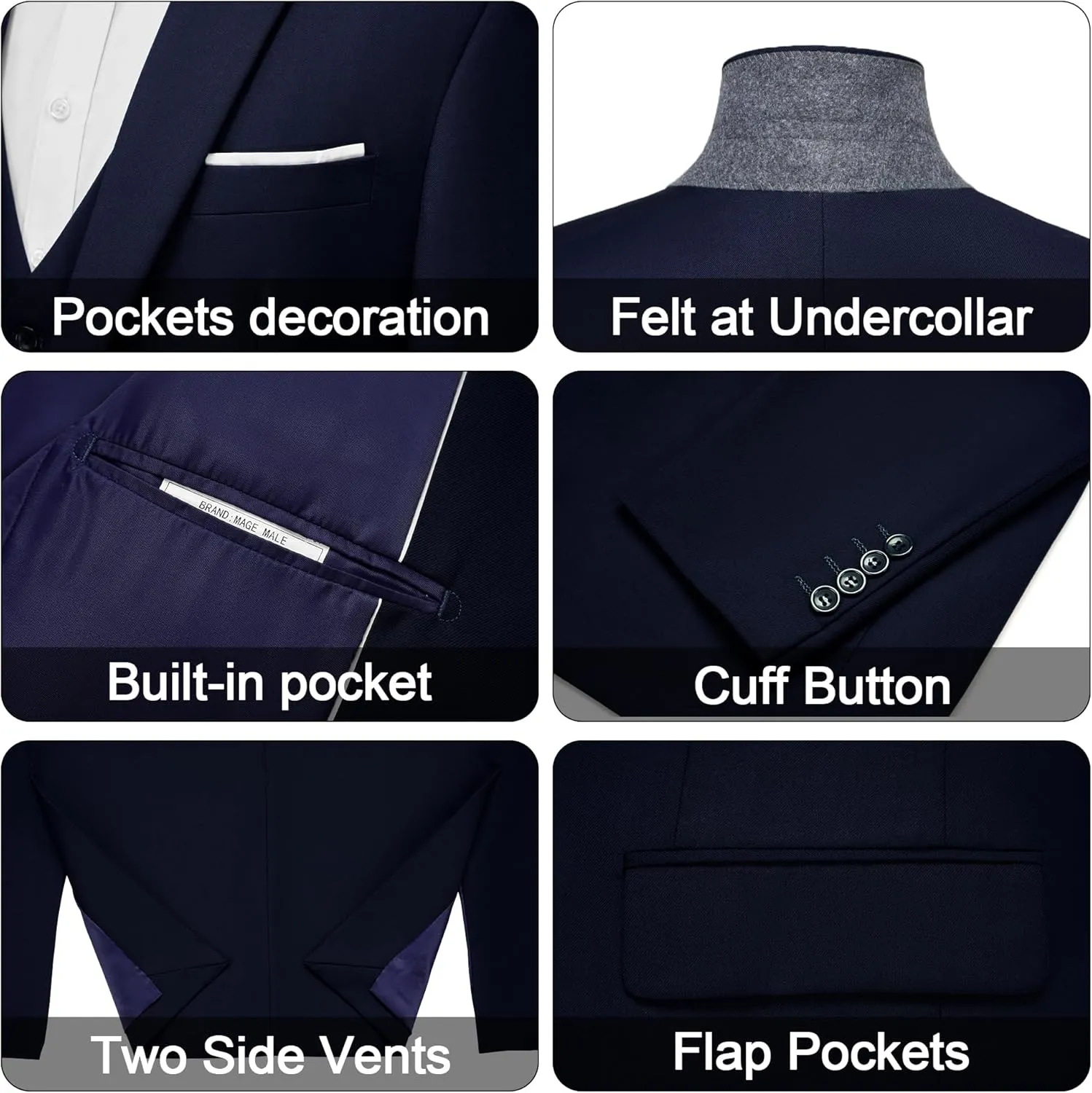 MAGE MALE Men's 3 Pieces Suit Elegant Solid One Button Slim Fit Single Breasted Party Blazer Vest Pants Set