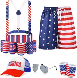 Mepase Men's 4th of July Outfits Patriotic Fanny Pack Beer Belt Flag Pants Sweat Bands for National Day Accessories(M)