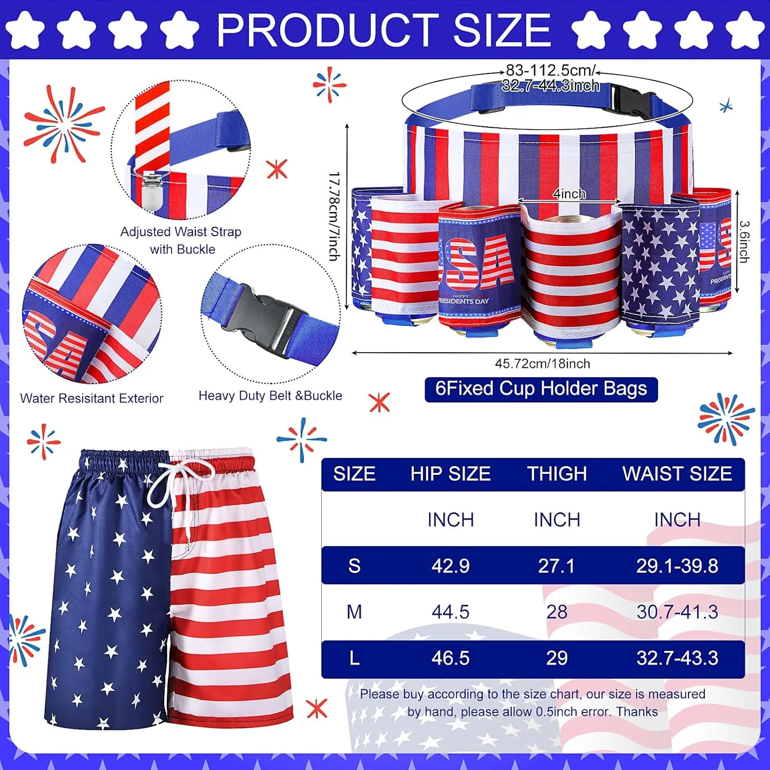 Mepase Men's 4th of July Outfits Patriotic Fanny Pack Beer Belt Flag Pants Sweat Bands for National Day Accessories(M)