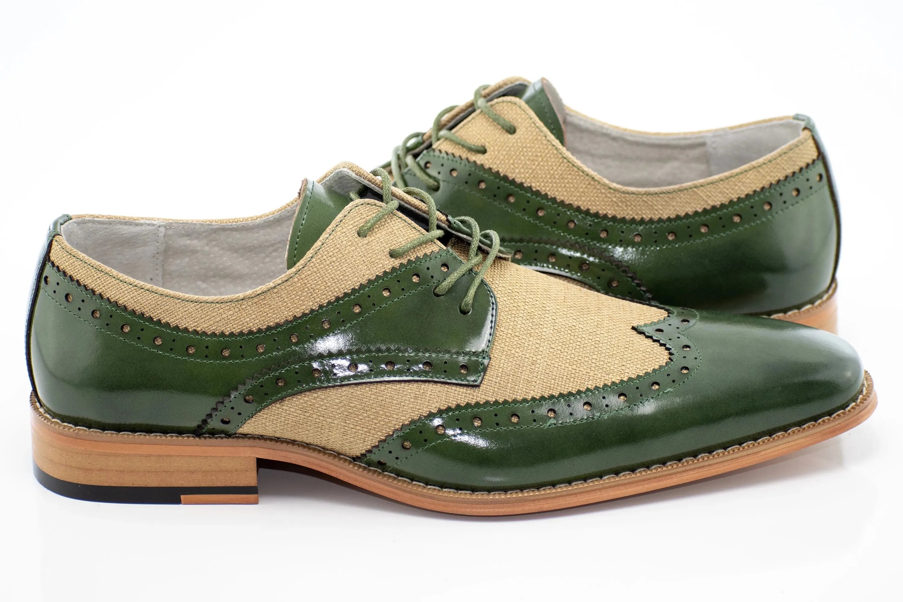 Olive and Natural Brogue Wingtip Lace-Up