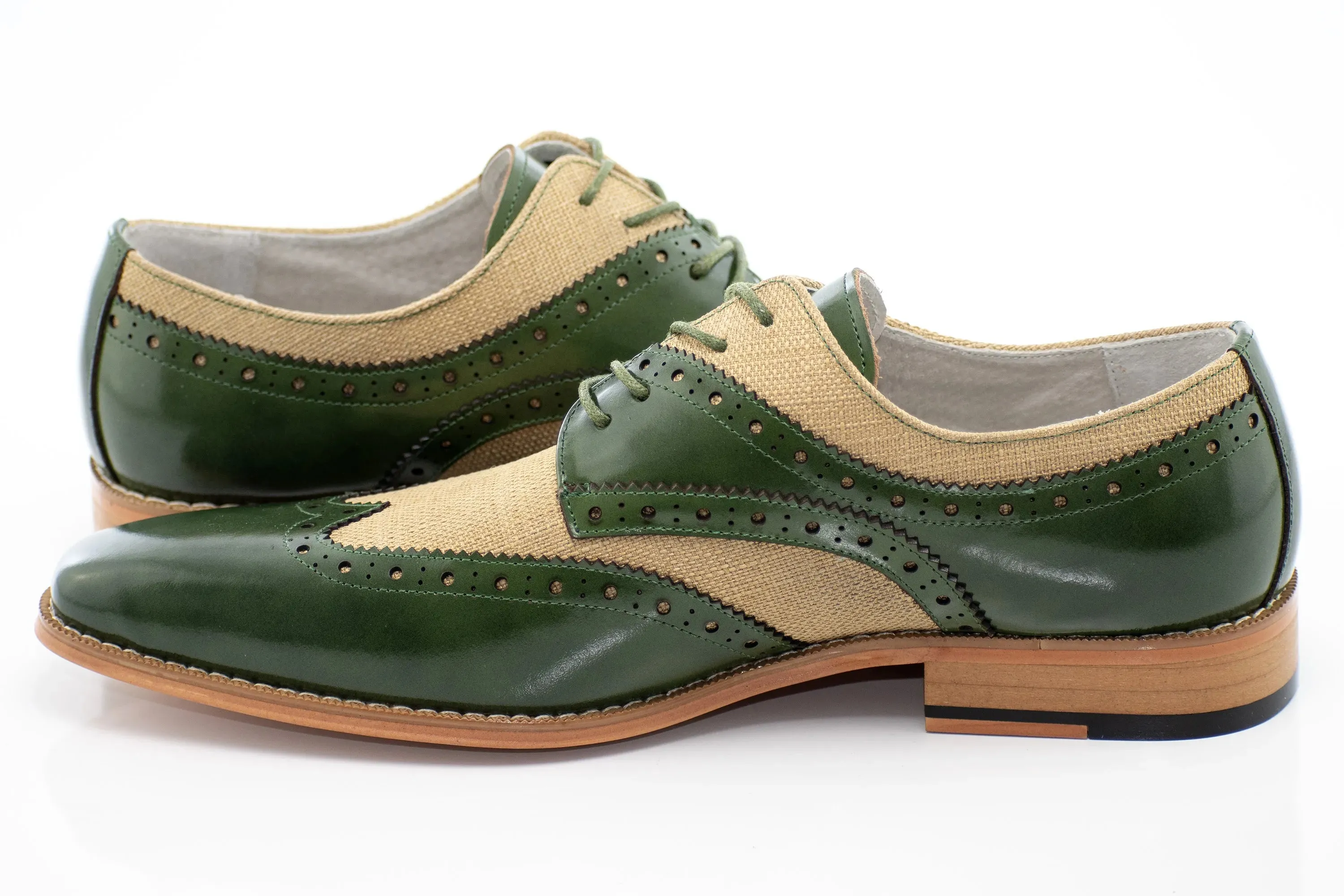 Olive and Natural Brogue Wingtip Lace-Up