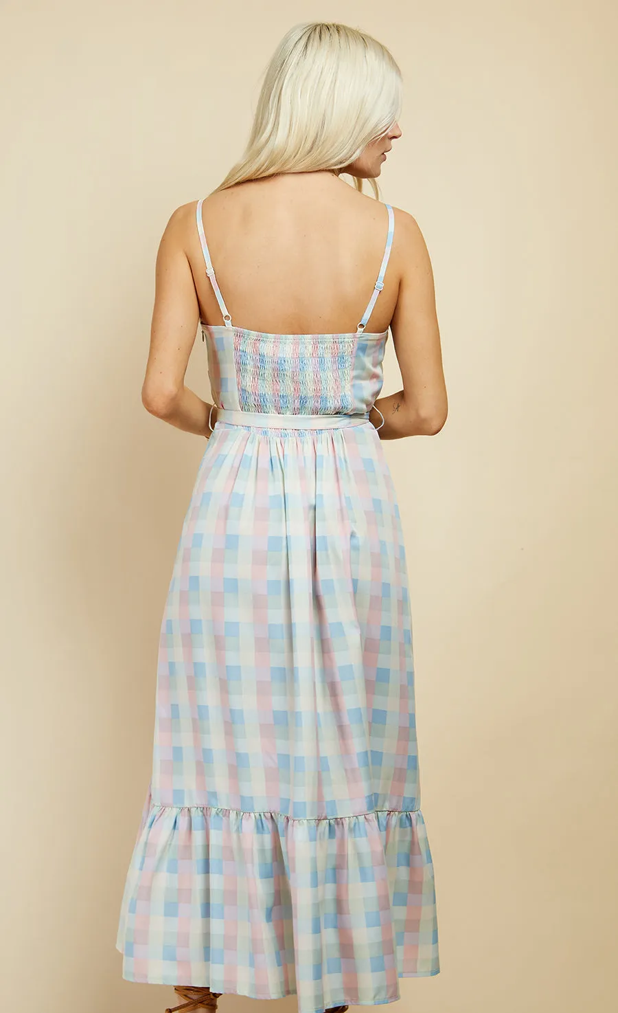 Pastel Check Button Detail Midi Dress
