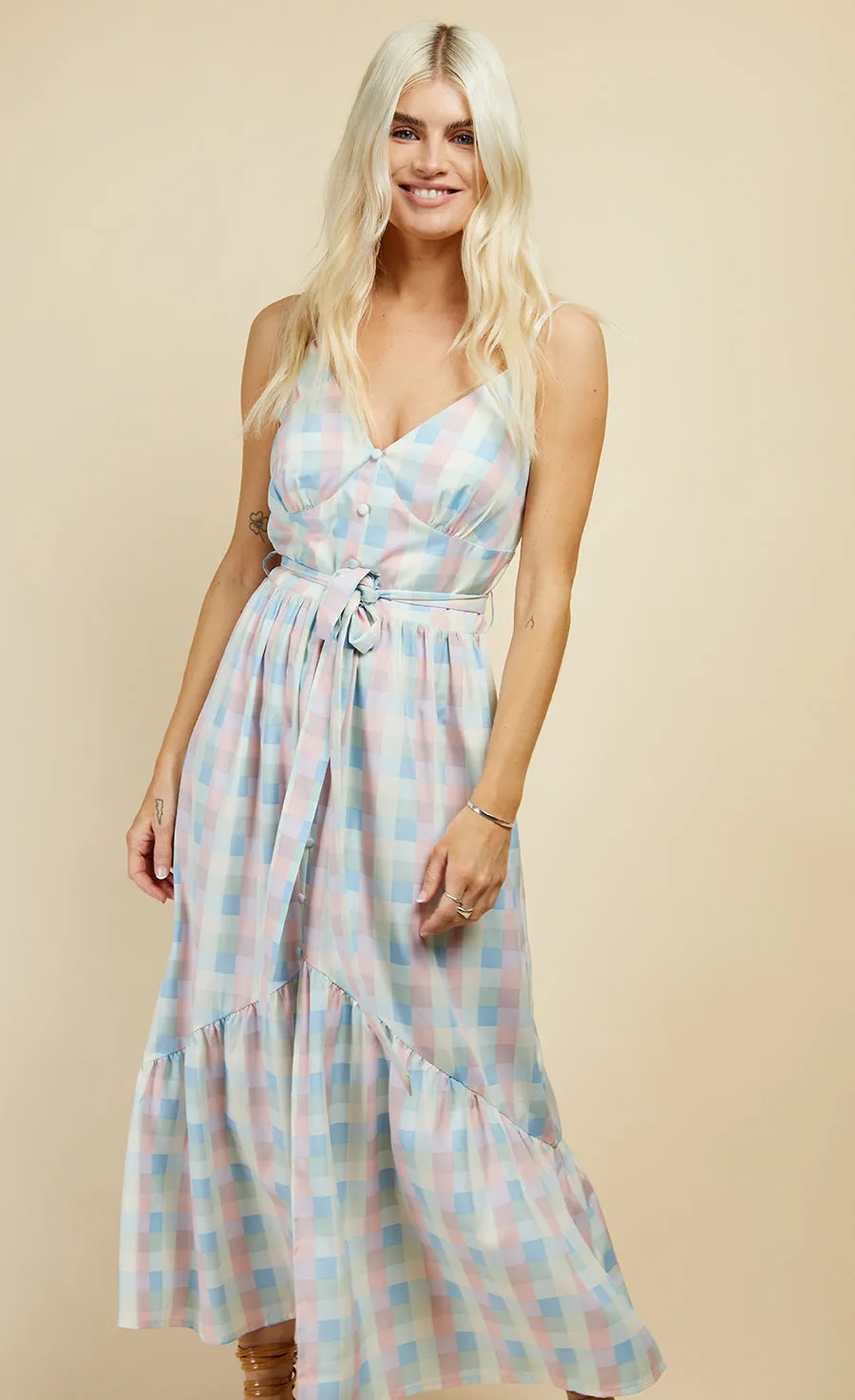 Pastel Check Button Detail Midi Dress