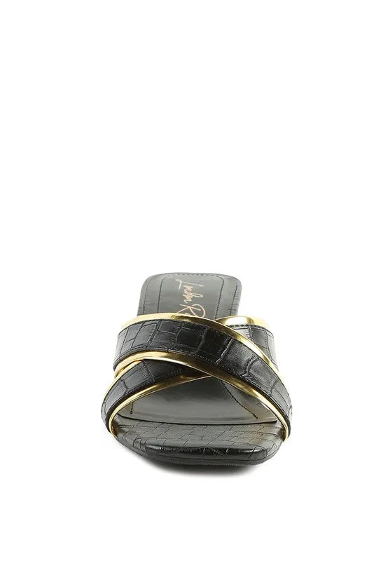 STELLAR GOLD LINE Croc Textured Low Heel Sandals