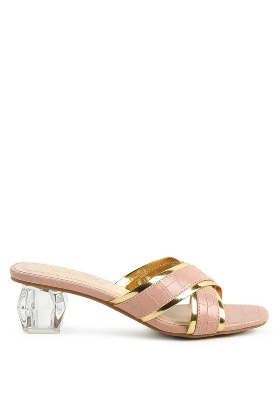 STELLAR GOLD LINE Croc Textured Low Heel Sandals