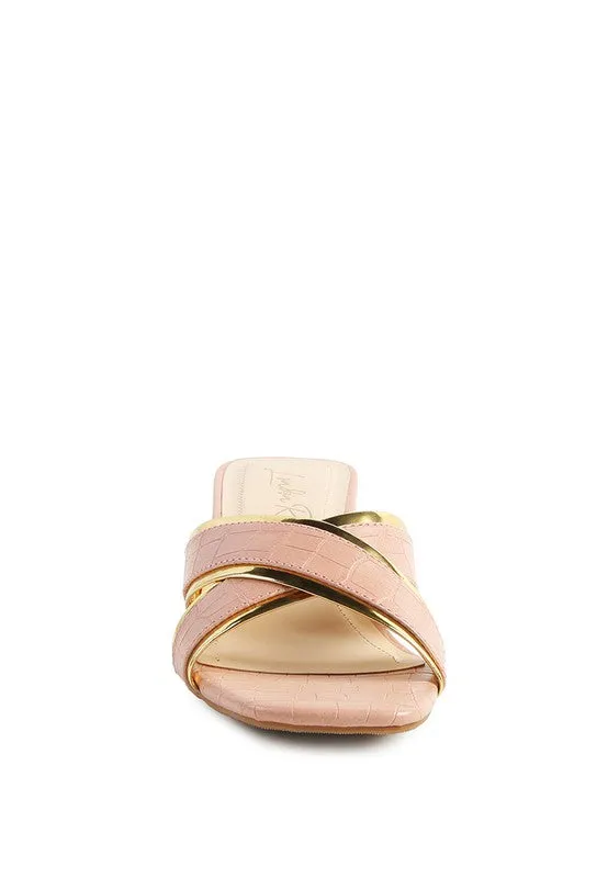 STELLAR GOLD LINE Croc Textured Low Heel Sandals