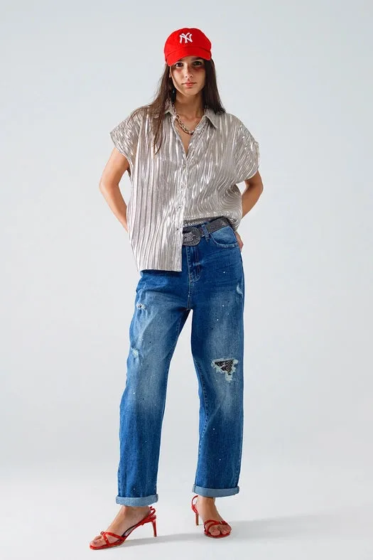 Straight Distressed Jeans with Paint Stains Details