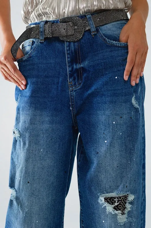 Straight Distressed Jeans with Paint Stains Details