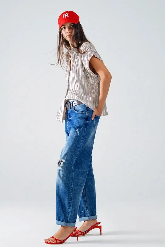 Straight Distressed Jeans with Paint Stains Details