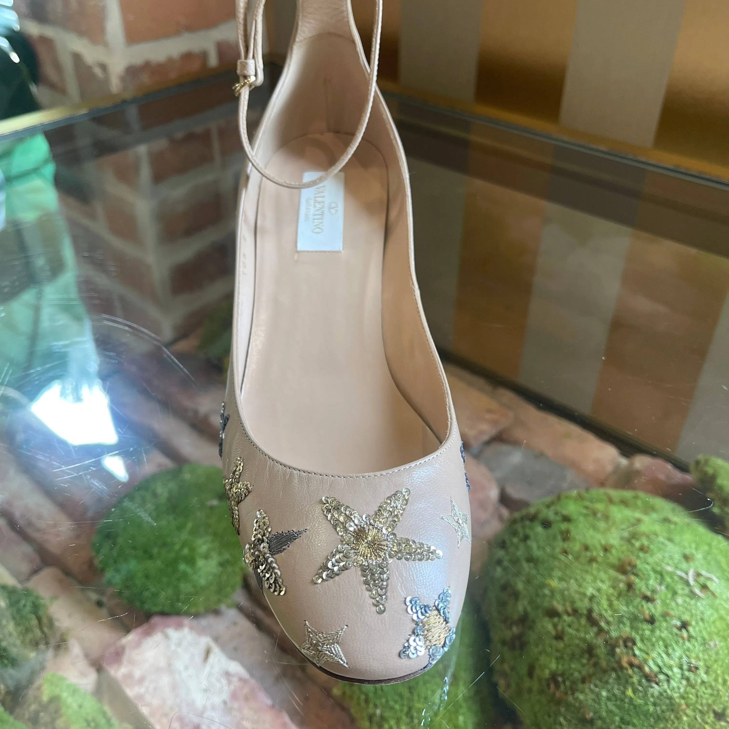 VALENTINO Nude Star Sequin Ankle Strap Heels SZ 39.5