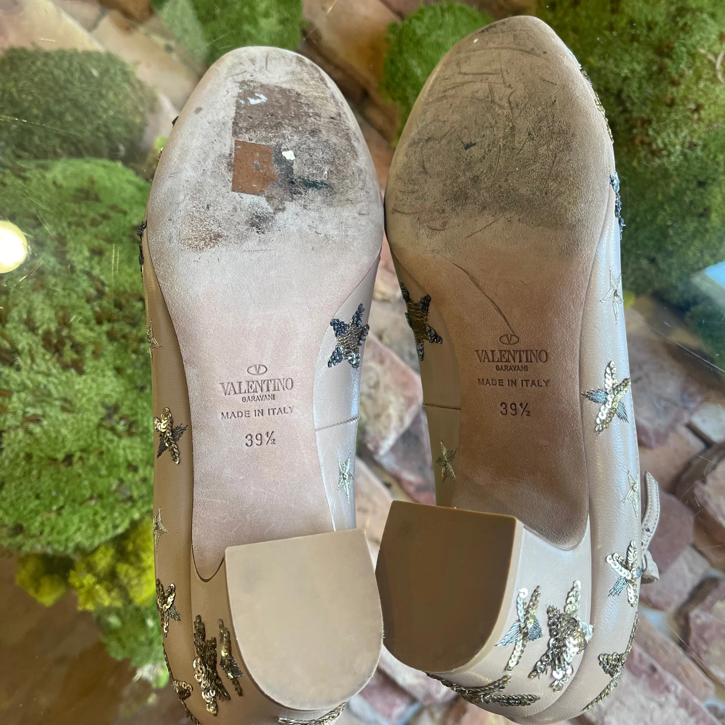 VALENTINO Nude Star Sequin Ankle Strap Heels SZ 39.5