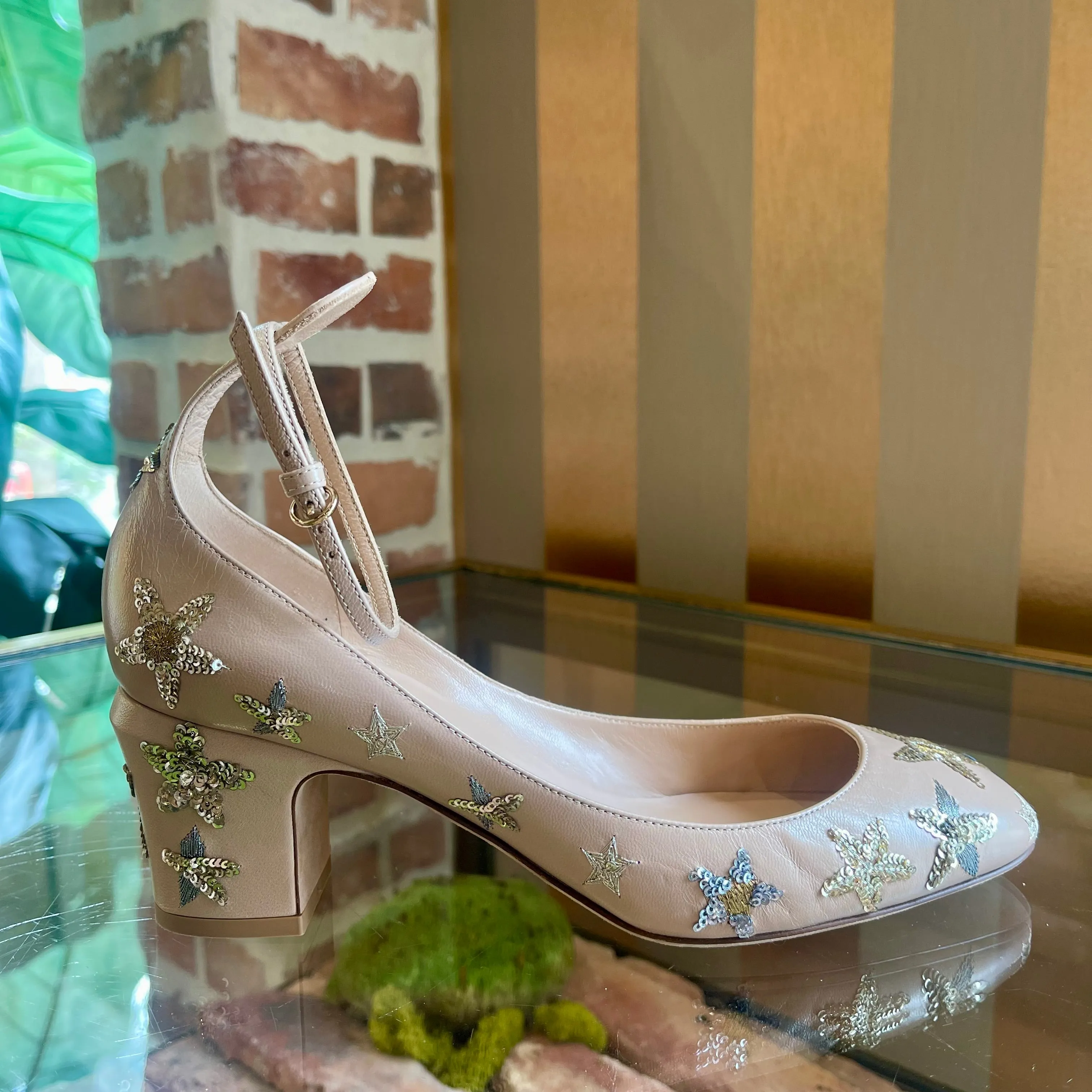 VALENTINO Nude Star Sequin Ankle Strap Heels SZ 39.5