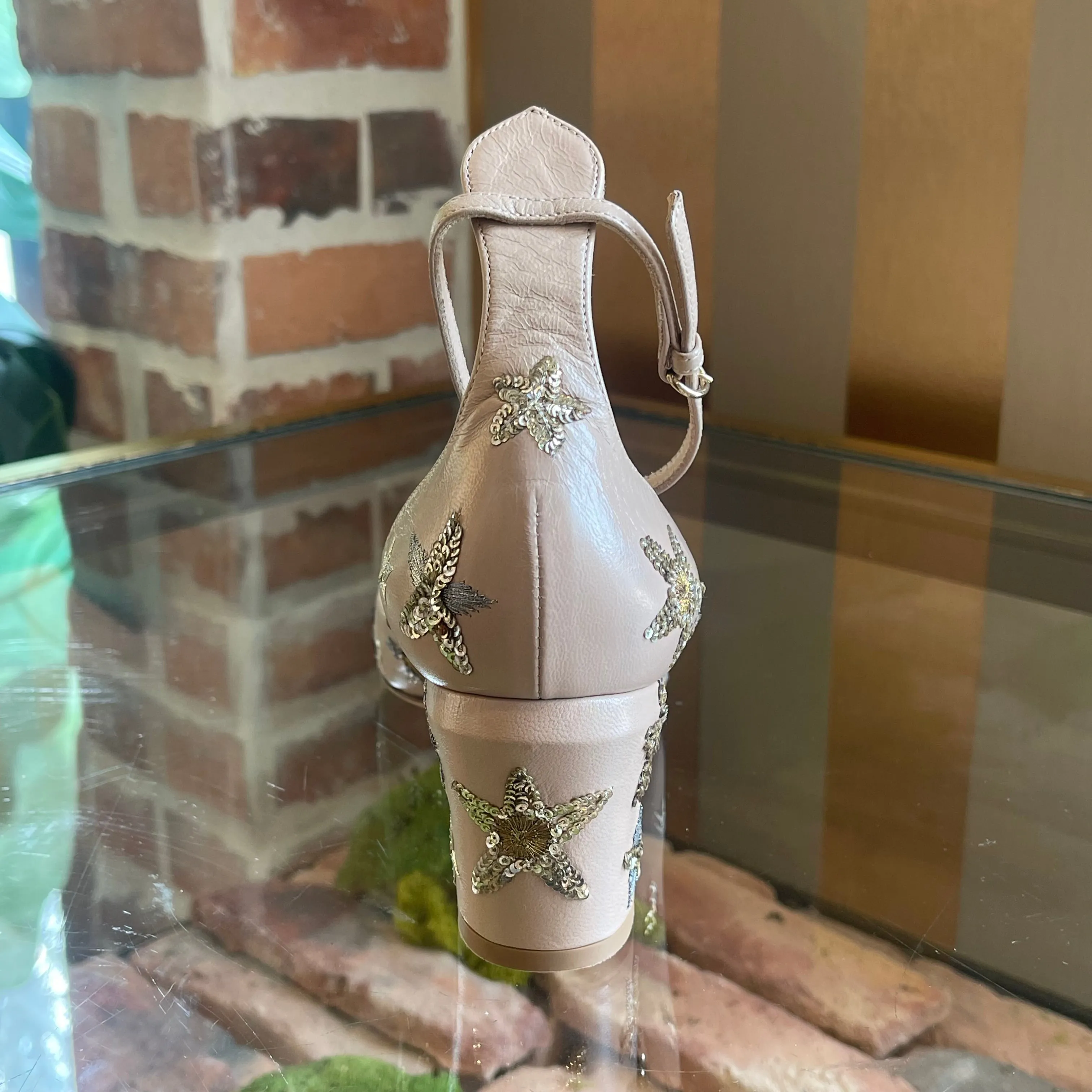 VALENTINO Nude Star Sequin Ankle Strap Heels SZ 39.5