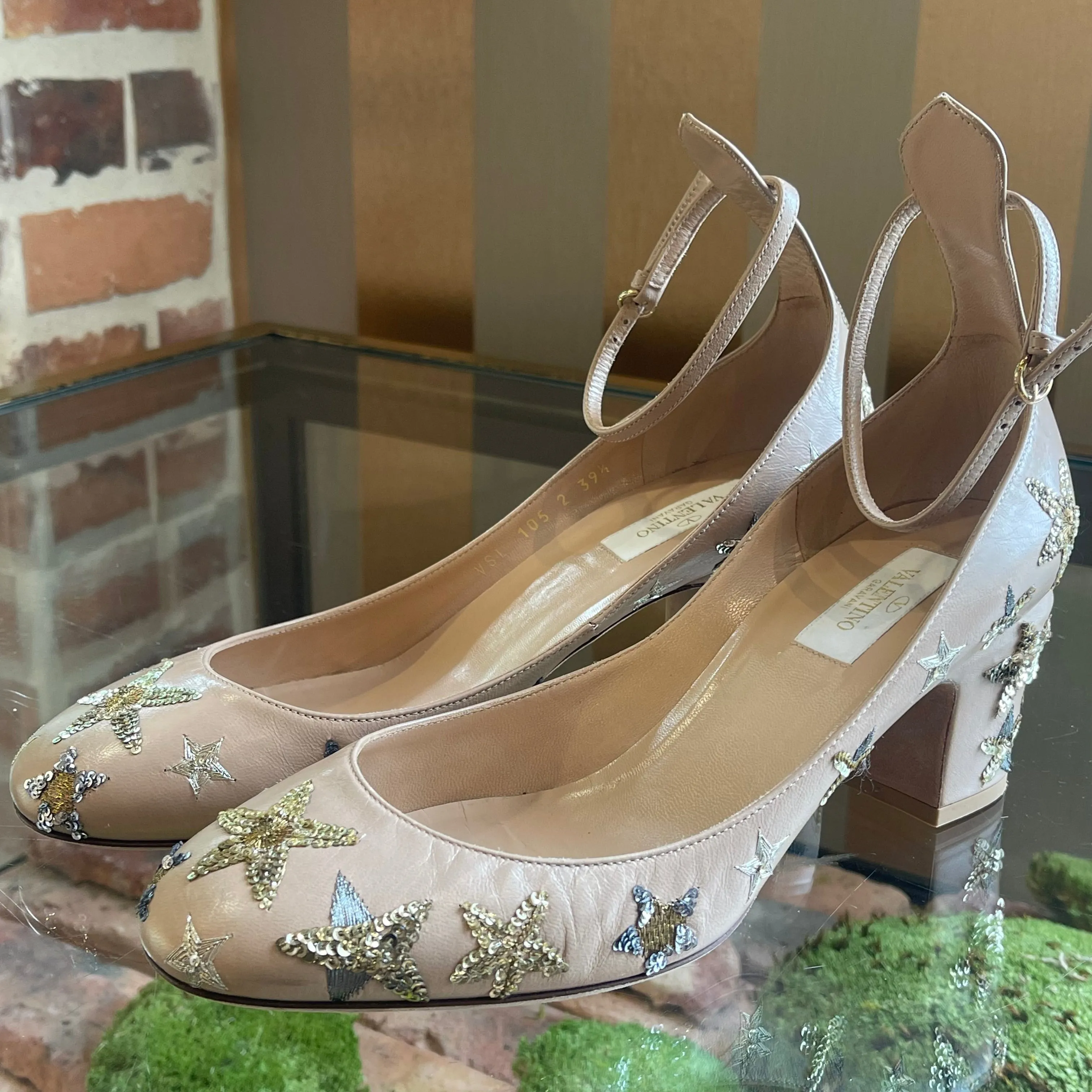 VALENTINO Nude Star Sequin Ankle Strap Heels SZ 39.5