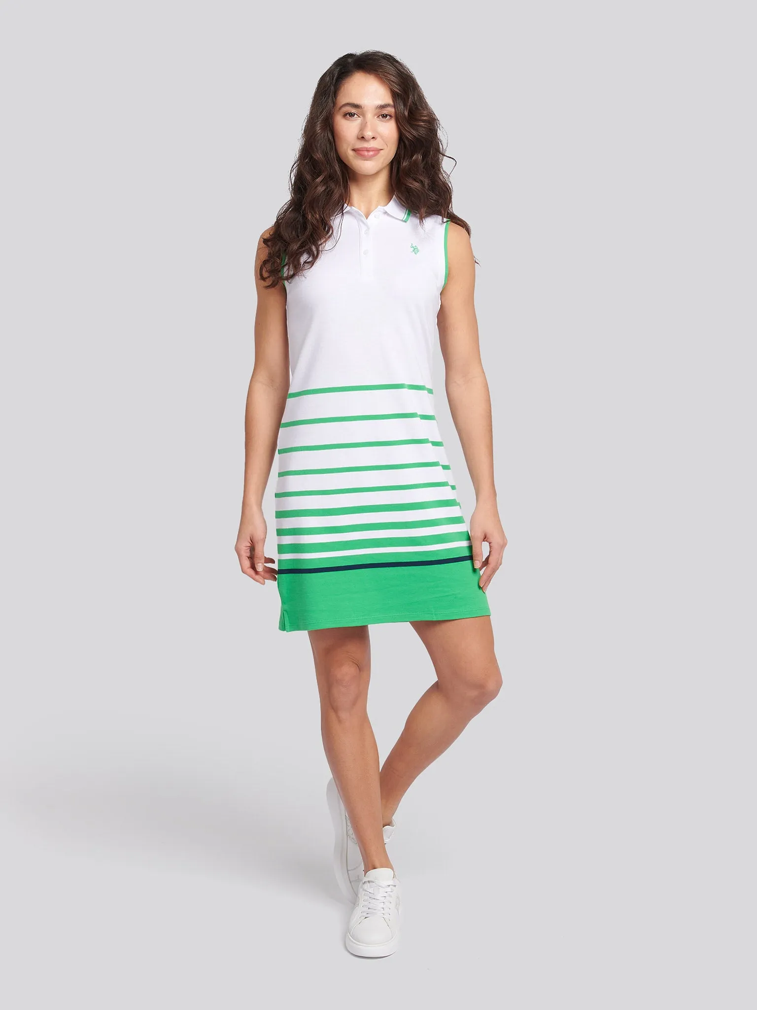 Womens Border Stripe Sleeveless Polo Dress in Island Green