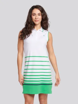 Womens Border Stripe Sleeveless Polo Dress in Island Green
